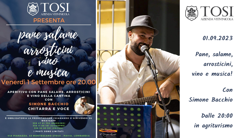Pane, salame, arrosticini vino e musica con la chitarra di Simone Bacchio (01/09/2023)